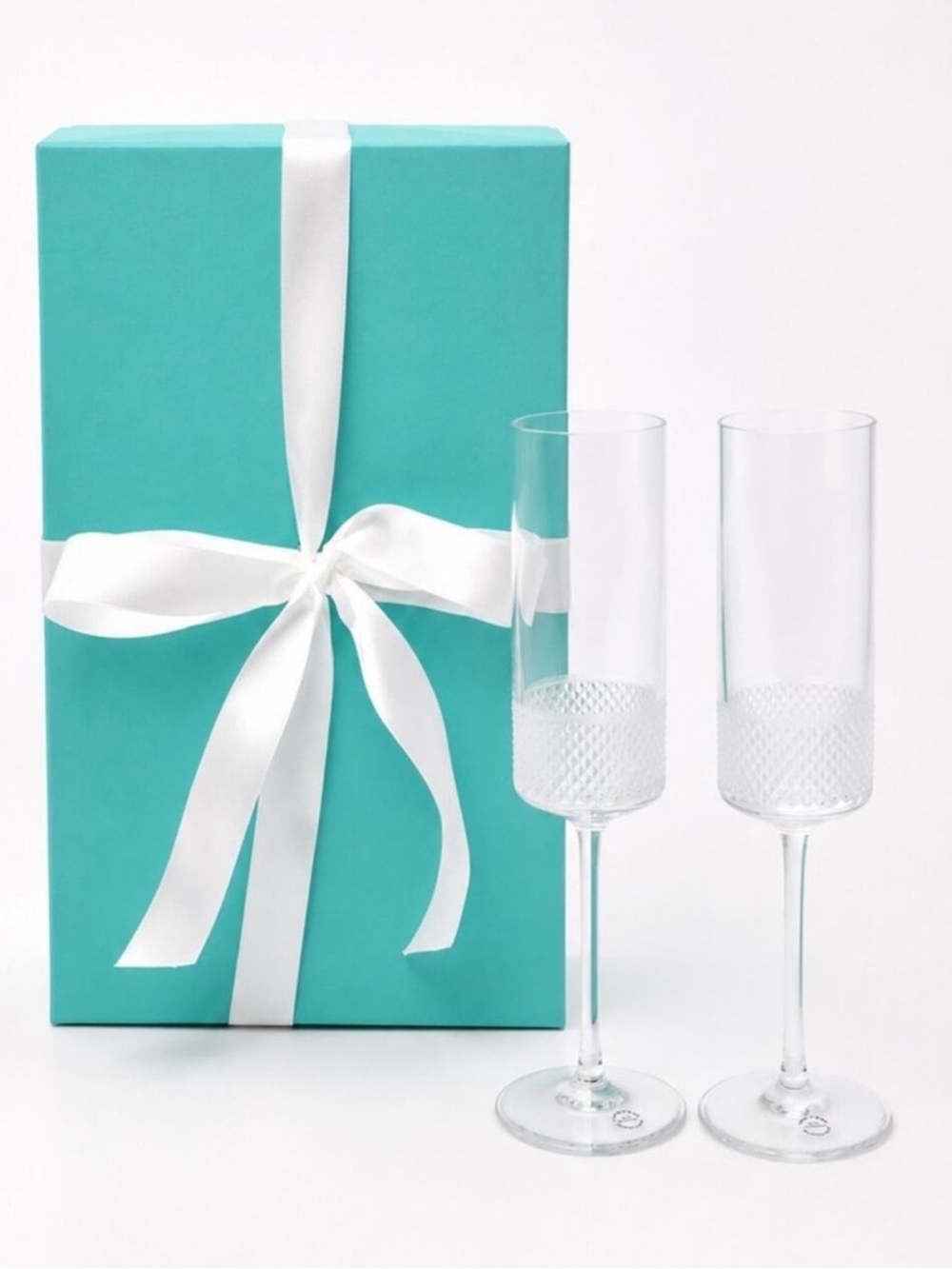NEW Tiffany & Co. Diamond Point Crystal Champagne Glasses Flutes Set of 2 W/ Box
